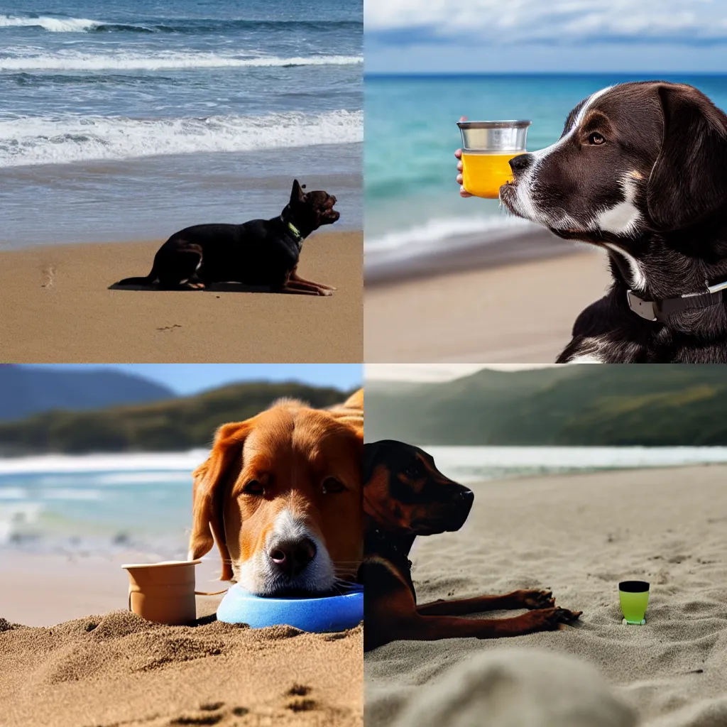 Prompt: a dog relaxing and drinking mate on the beach