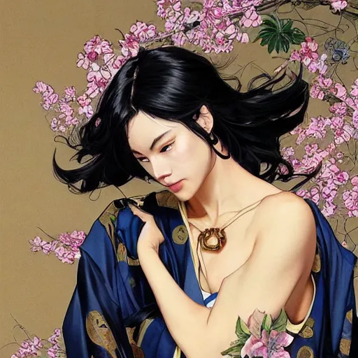 Prompt: cassandra cain wearing a kimono!!!, attractive, modern, victoria's secret, highly detailed, digital painting, artstation, concept art, smooth, sharp focus, illustration, art by artgerm, greg rutkowski and alphonse mucha