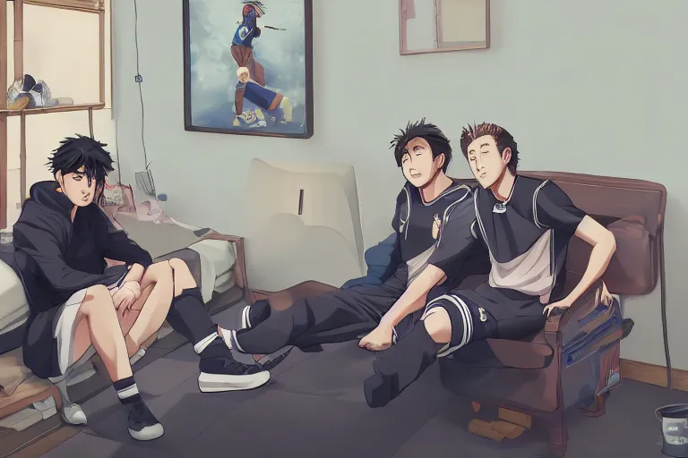 Image similar to beautiful anime harry kane and son heung-min sitting in a 90s teenagers bedroom, highly detailed, realistic, dynamic lighting, cinematic, masterpiece, trending on artstation,
