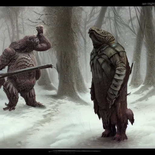 Prompt: anthropomorphic snappingturtle humanoid, turtle shell, greg rutkowski, barbarian, tim hildebrandt, winter, ice, snow, fur jacket, wayne barlowe, big and tall, fantasy