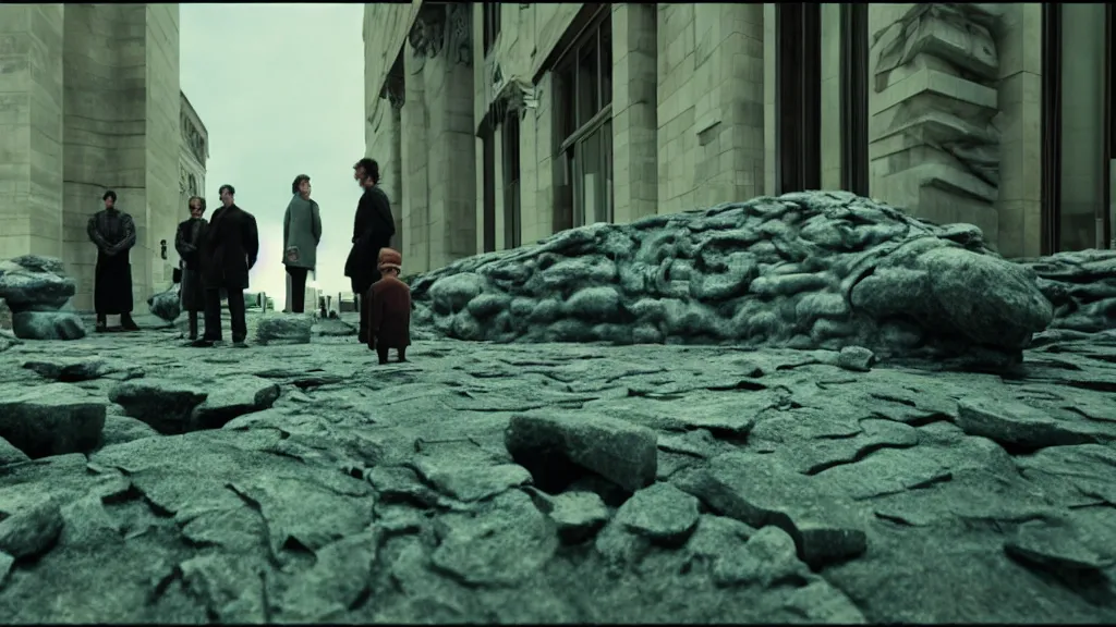 Image similar to the strange creature in line at the bank, made of stone and water, film still from the movie directed by Denis Villeneuve with art direction by Salvador Dalí, wide lens