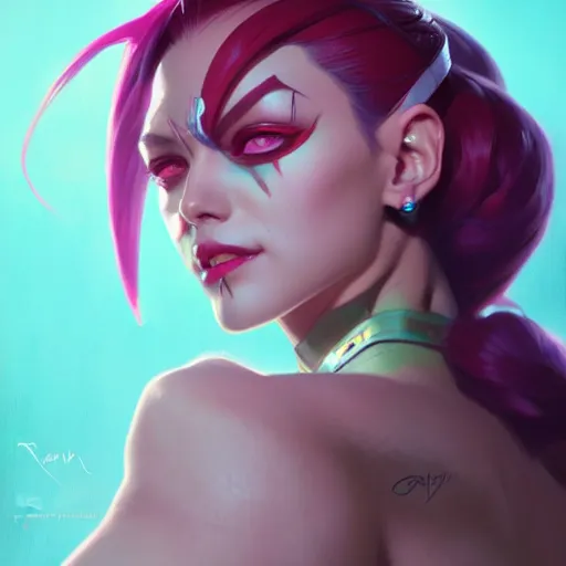 Image similar to Portrait of Jinx from League of legends ,highly detailed, digital painting, artstation, concept art, sharp focus, illustration, art by greg rutkowski and alphonse mucha