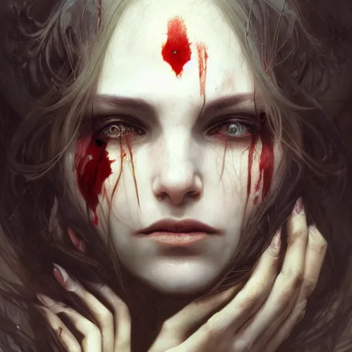 Image similar to portrait of very beautiful vampire, thorns, crying blood, headshot, pale skin, 4k, rule of thirds, extreme detail, detailed drawing, trending artstation, hd, fantasy, D&D, realistic lighting, by Alphonse Mucha, Greg Rutkowski.