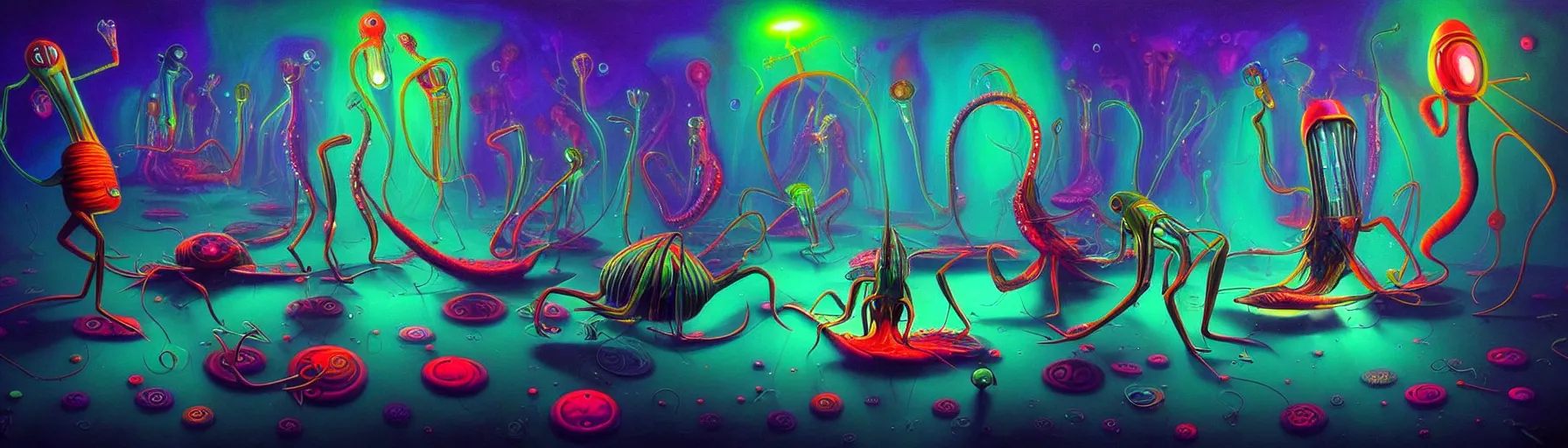 Prompt: strange plankton creatures from the depths of the collective unconscious, dramatic lighting, surreal darkly colorful painting by ronny khalil