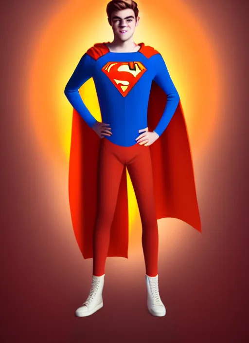 Image similar to friendly teenage archie andrews wearing an orange superhero costume with heart logo, heart, freckles, blue cape, heart emblem on chest, blue cape, intricate, elegant, glowing lights, highly detailed, digital painting, artstation, sharp focus, illustration, art by wlop, mars ravelo and greg rutkowski