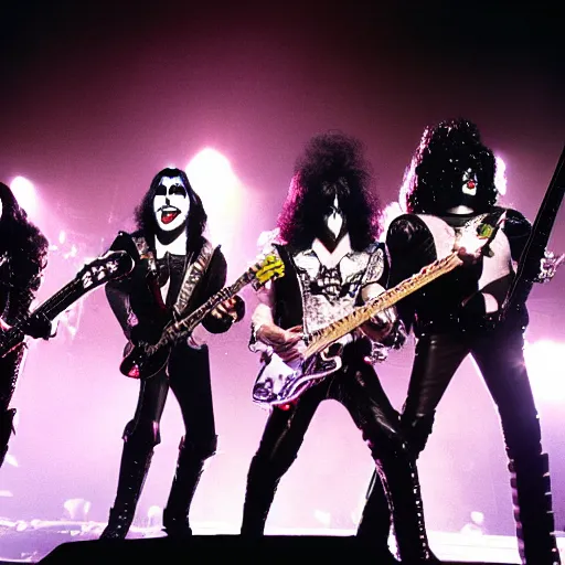 Prompt: photograph of the band kiss playing on - stage in concert