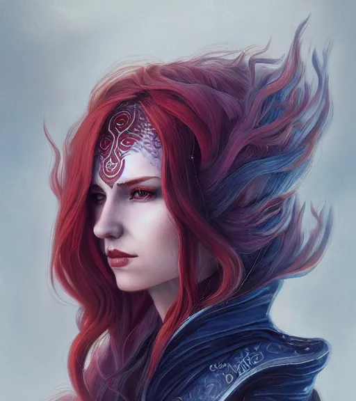 Image similar to A detailed matte head on symmetrical fanart portrait of a distinguished elven woman with red and blue hair by Charlie bowater and lise deharme wlop, critical role