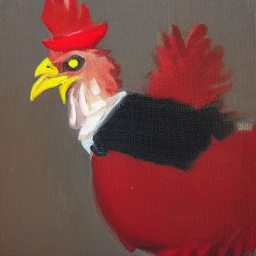 Prompt: a high quality photo of a chicken wearing a suit, impressionism, 8 k