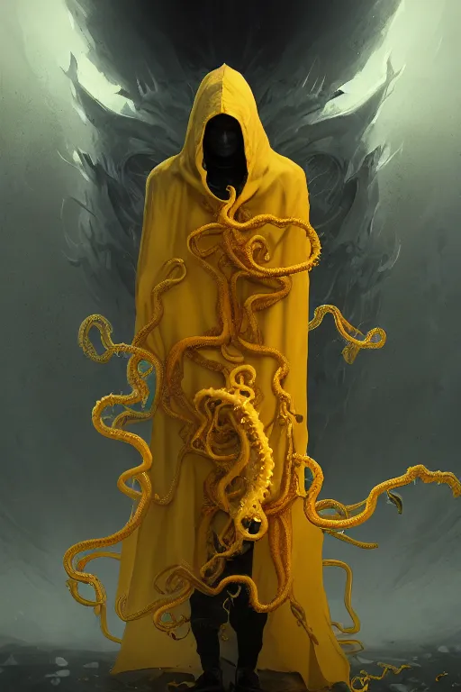 Image similar to A full body portrait of a mysterious character with no face with a very long hooded yellow cloak, a golden crown floating above his head tentacles coming out the ground art by Maciej Kuciara and Jason Chan, ominous, cosmic horror, trending on artstation, Ultra detailed, hyper realistic 4k