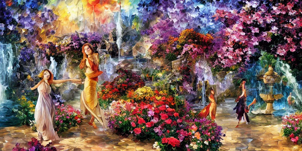 Image similar to flowers and fountains in valley village by arthur adams, charlie bowater, leonid afremov, chiho ashima, karol bak, david bates, tom chambers