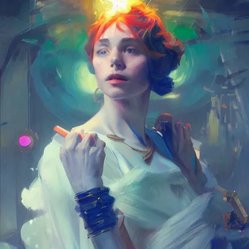 Prompt: a oil art portrait of young mage with neon magic in style of transistor character, character design from d & d, art by anders zorn, wonderful masterpiece by greg rutkowski, beautiful cinematic light, american romanticism by greg manchess, jessica rossier