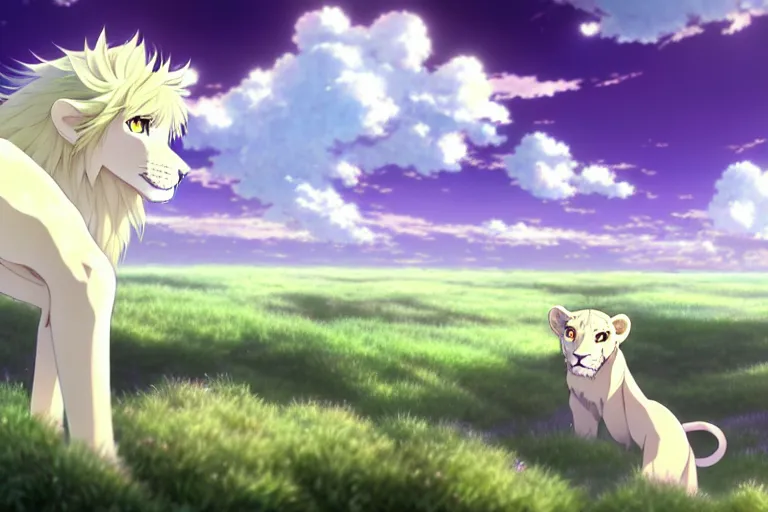 Image similar to a vast scene, panorama distant view, anime art full body portrait character concept art, hyper detailed scene render of a boy and a white lion, anime key visual of violet evergarden, finely detailed perfect face delicate features directed gaze, in the white clouds fairyland, trending on pixiv fanbox, violet evergarden, studio ghibli, james jean, extremely high quality artwork