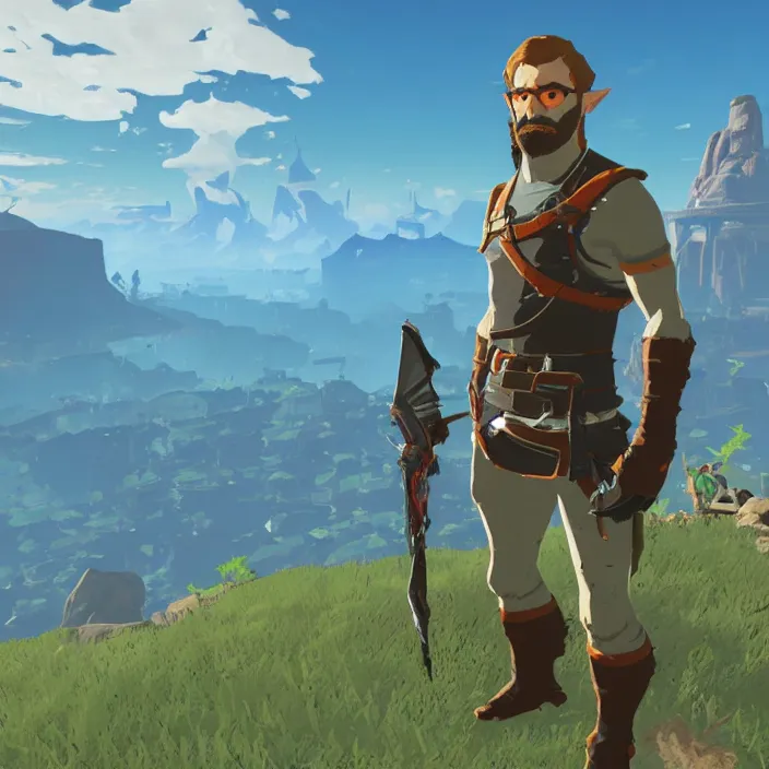 Prompt: Gordon Freeman in The Legend of Zelda Breath of the Wild, detailed screenshot