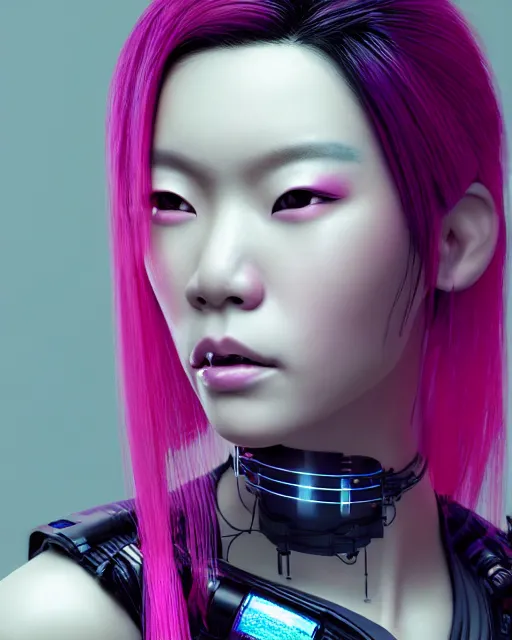 Image similar to portrait of a beautiful asian woman with pink hair as a cyberpunk cyborg half robot, skin open to reveal wires and electronics, sci - fi, missing panels, intricate abstract upper body intricate artwork, concept art, octane render, deviantart, cinematic, key art, hyperrealism, iridescent accents, portrait photograph, nikon 3 5 mm, photograph by greg rutkowski