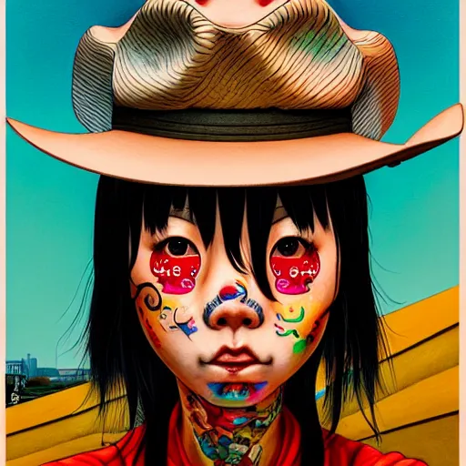 Image similar to full view, from a distance, of taiwanese girl with tattoos, wearing a cowboy hat, style of yoshii chie and hikari shimoda and martine johanna and edward hopper and james gilleard and zdzislaw beksisnski, highly detailed