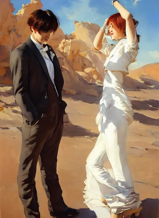 Prompt: jungkook and taehyung of bts getting married in las vegas, jodhpurs hyperborea winter traveler treasure hunter greg manchess painting by sargent and leyendecker, fantasy, medium shot, asymmetrical, intricate, elegant, matte painting, illustration, hearthstone, by rhads, by greg rutkowski, by greg tocchini, by james gilleard, by joe fenton