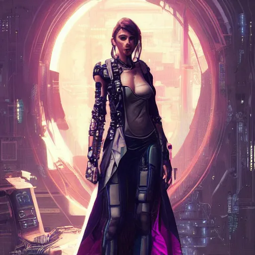 Prompt: highly detailed ana de armas as a cyberpunk character wearing far future cyberpunk clothes, intricate, elegant, highly detailed, digital painting, artstation, concept art, smooth, sharp focus, illustration, art by artgerm and greg rutkowski and alphonse mucha