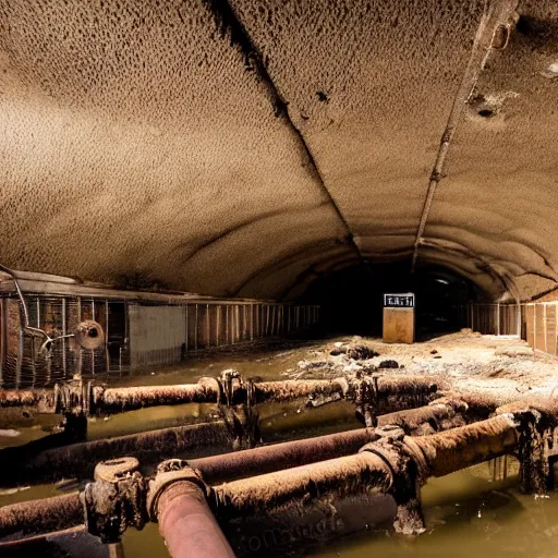 Prompt: underground mine, flooded, dirty water, rusty pipes