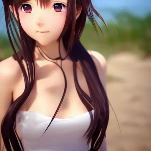 Image similar to ichinose honami, Render of a very beautiful 3d anime girl, long hair, hazel eyes, cute freckles, full round face, short smile, cute sundress, golden hour, serene beach setting, medium shot, mid-shot, highly detailed, trending on Artstation, Unreal Engine 4k