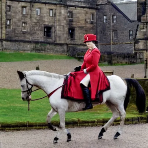 Prompt: queen elizabeth ii, riding a horse, at edinburgh