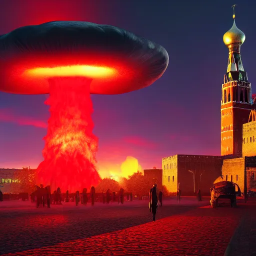 Prompt: a big nuclear explosion with realistic nuclear mushroom in Red Square Kremlin, dramatic lighting, cinematic, extremely high detail, photo realistic, cinematic lighting, post processed, concept art, artstation, matte painting, unreal engine 8k