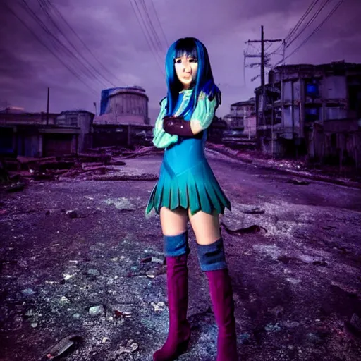 Prompt: stunning, breathtaking, awe-inspiring award-winning photo of an attractive young asian elf woman with pointy ears and blue hair, wearing a miniskirt and knee-high boots in an endlessly sprawling desolate abandoned post-apocalyptic industrial city at night, extremely moody purple lighting