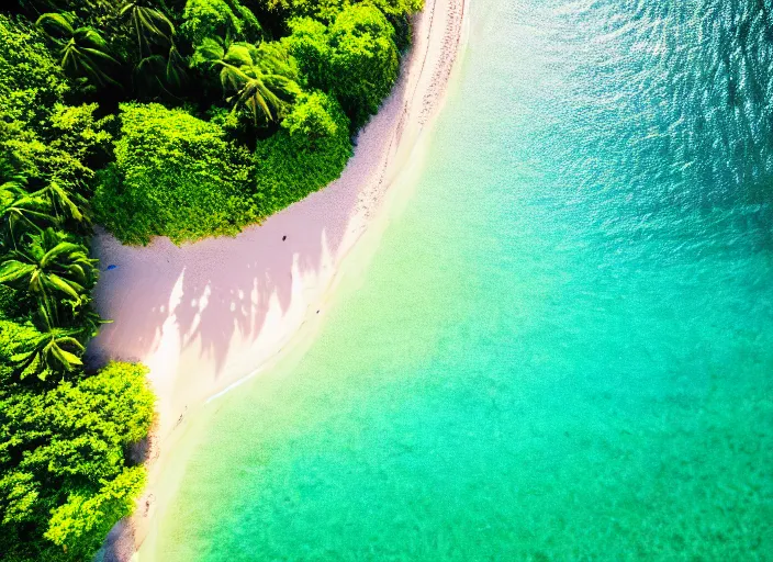 Image similar to aerial view of a beautiful beach with tropical trees, sunny day, cinematic, beautiful light, photo realistic