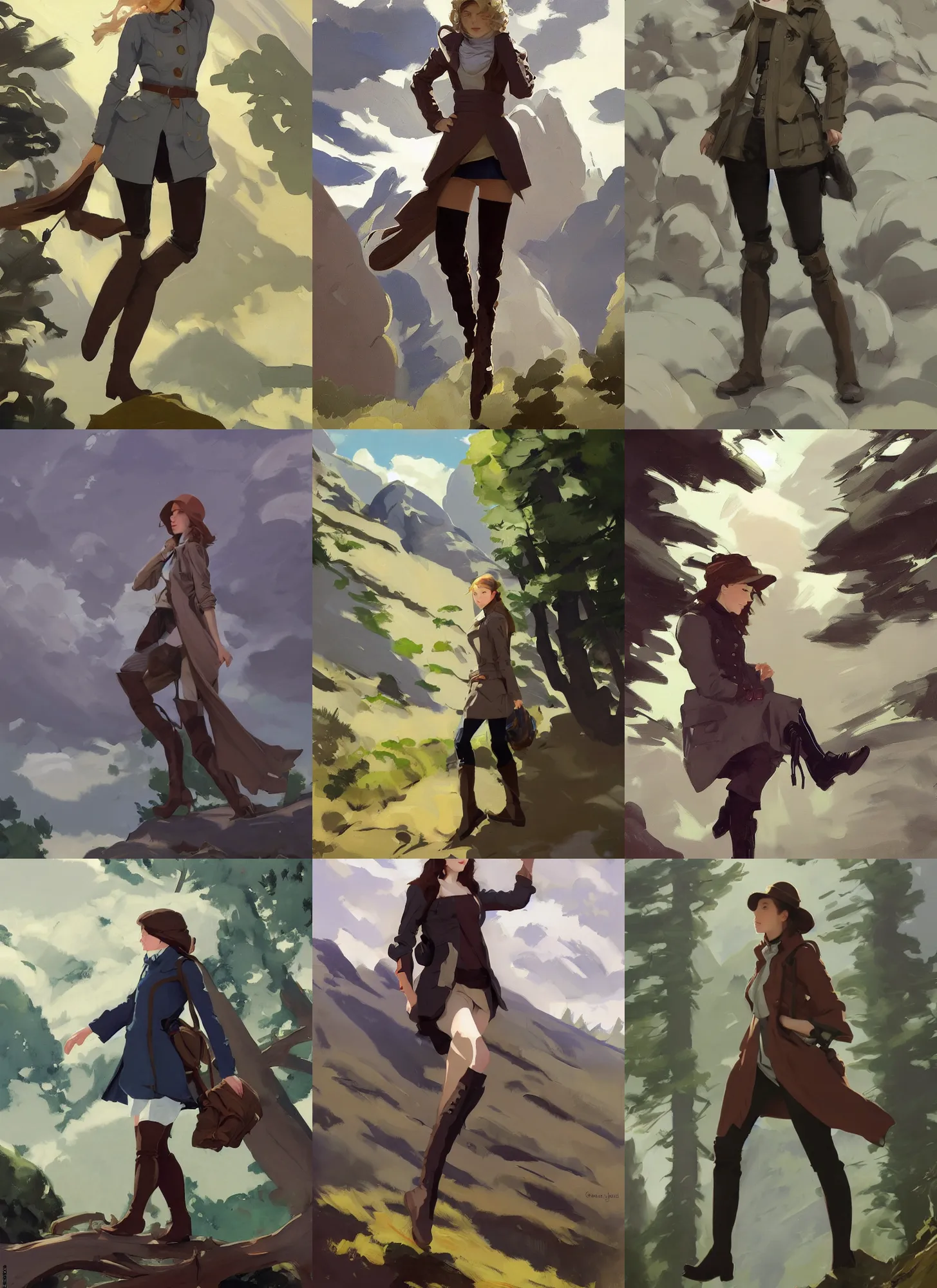 Prompt: cloth fabric jodhpurs knee high boots travel coat fashion, solo hiking in mountains trees, clouds, greg manchess painting by sargent and leyendecker, studio ghibli, fantasy, asymmetrical, intricate, elegant, matte painting, illustration, hearthstone, by greg rutkowski, by greg tocchini, by james gilleard, by joe fenton