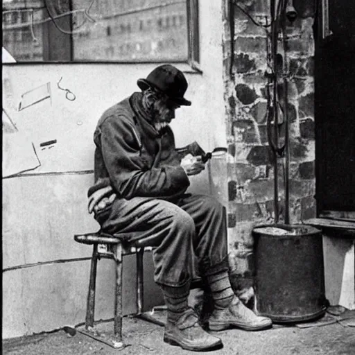 Image similar to 1 9 3 0 s hobo in a nyc alleyway giving himself an insulin shot, norman rockwell painting,