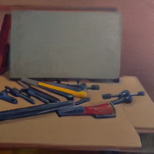 Prompt: painting of some tools by peter klasen - n 4