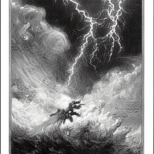 Image similar to drawing of large pepe the frog fighting lightning storm above a stormy ocean, by gustave dore, nineteenth century, black and white, vintage, science fiction, epic composition, dramatic lighting, highly detailed.