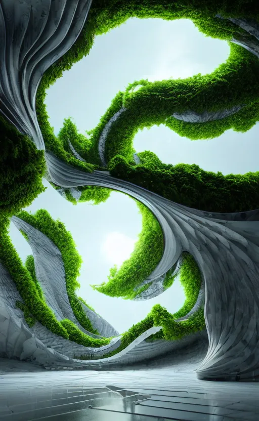 Image similar to highly detailed ultra sharp 3 d render cinematic composition of a smooth ceramic sand porcelain magnolia stone leaves fluid fractal sci - fi surreal architecture landscape, white marble, magnesium, foliage greenery, vincent callebaut composition, mamou - mani, archviz, beautiful lighting, 8 k, unreal engine, hdr, dof