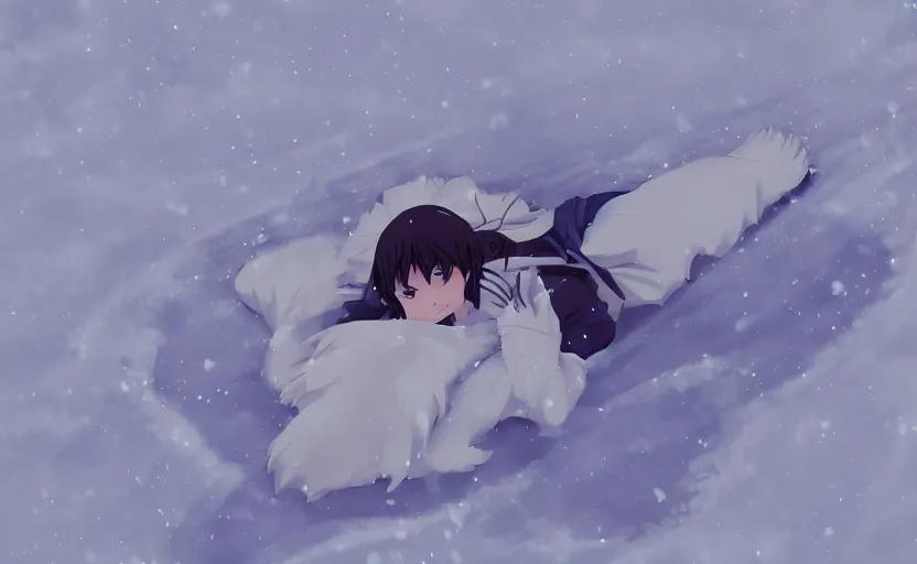 Image similar to An anime girl making a snow angel in the snow, anime scene by Makoto Shinkai, digital art