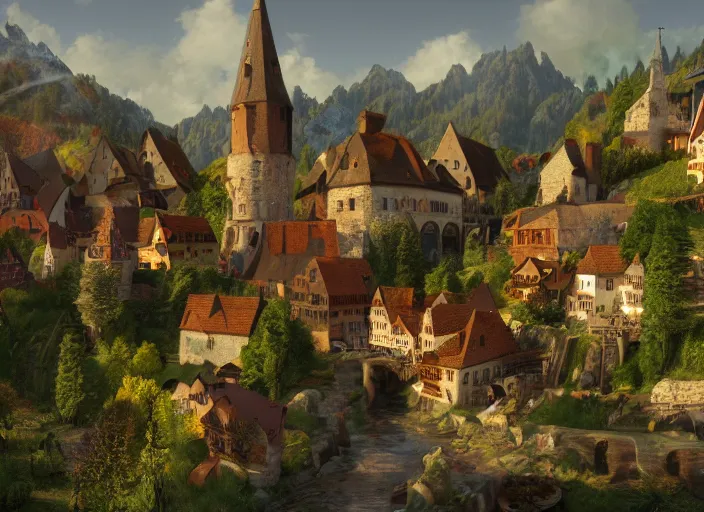 Prompt: ! dream a [ medieval ]!! german village with people selling various items, sitting on stiffly vivacious mountain ridges, trending on artstation, 4 k quality, polycount