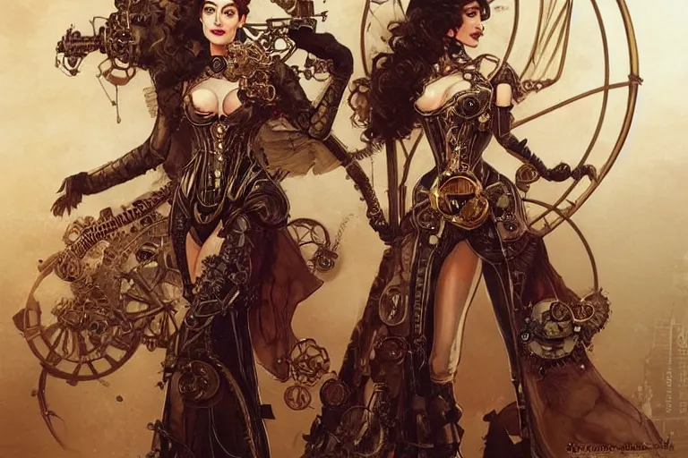 Image similar to three-quarters pose portrait of Anne Hathaway as a beautiful Lady Mechanika, very beautiful young woman, ginger wavy hair, Victorian-era push-up underwire. Intricate, steampunk imagery themed, D&D!, fantasy style, sharp focus!, ultra detailed, art by Artgerm and Peter Andrew Jones