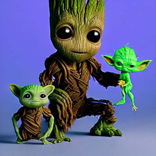 Prompt: baby groot standing next to baby yoda.