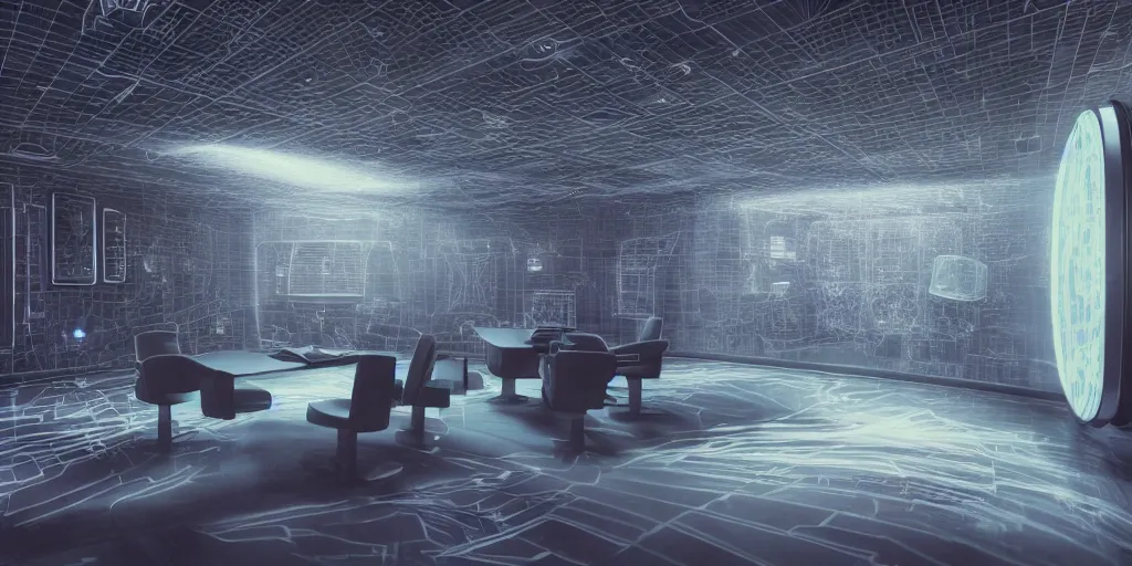 Image similar to a wide shot photorealistic futuristic 3D room with four walls covered with glowing baroque CRT computer monitors with fuzzy screens embedded into the wall and a blackhole forming in the floor, Trending on artstation, cinematic lighting from the right, hyper realism, octane render, 8k, depth of field, 3D