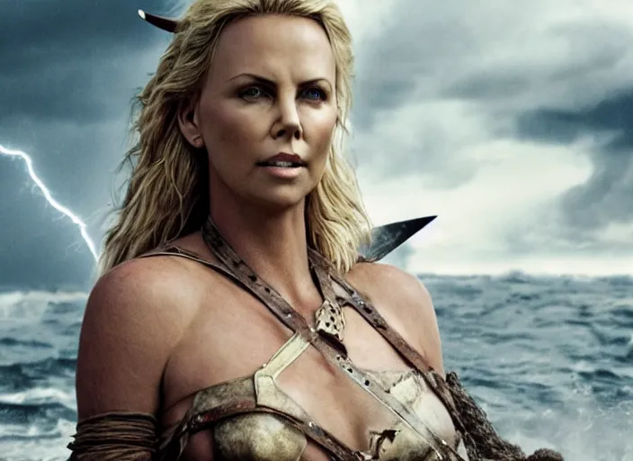 Prompt: film still of charlize theron as a viking women with weapons riding on a jet ski, wearing skin - tight futuristic valkerie bikini, rough seas in background, lightning storms, water world, mad max, hyper - realistic, highly detailed, accurate, 8 k octane render, 2 8 mm, wide angle, rule of thirds
