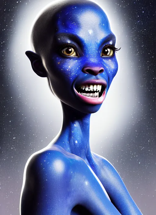 Prompt: a photorealistic portrait, stunningly beautiful hyper detailed blue avatar alien girl, big mysterious black alien eyes, white teeth, professionally retouched, soft lighting, hyper realistic, small nose, pretty mouth, black hair, beautifully detailed colorful starry sky, wide angle, sharp focus, 8 k high definition, 6 4 megapixels, insanely detailed, stunningly beautiful