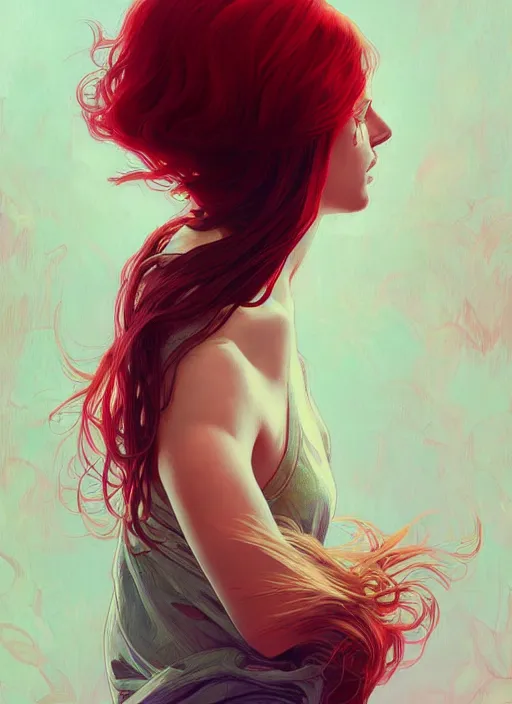 Image similar to handsome young women with shoulder length red hair, half body shot, path traced, highly detailed, high quality, digital painting, alena aenami, lilia alvarado, shinji aramaki, karol bak, alphonse mucha, tom bagshaw