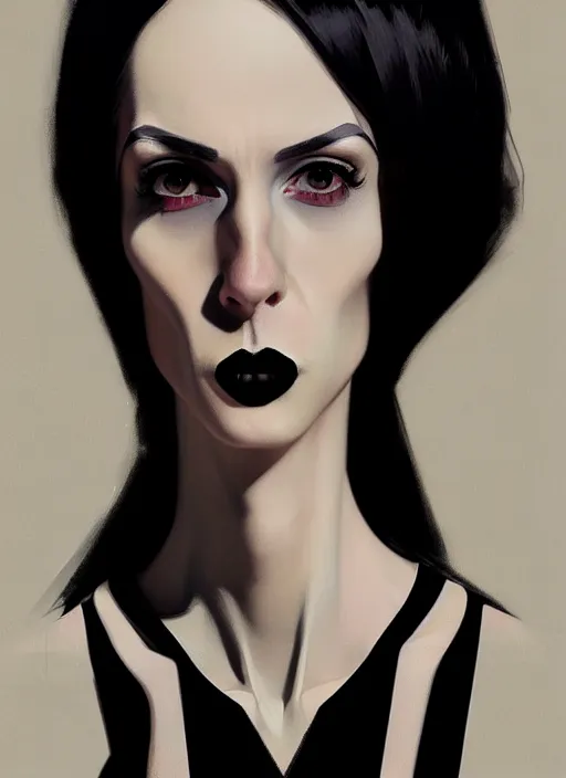 Prompt: portrait of a lanky woman with a crooked nose and a confident expression, 1 9 6 0 s, black clothes, goth, punk, funk, intricate, elegant, highly detailed, digital painting, artstation, concept art, smooth, sharp focus, illustration, art by wlop, mars ravelo and greg rutkowski