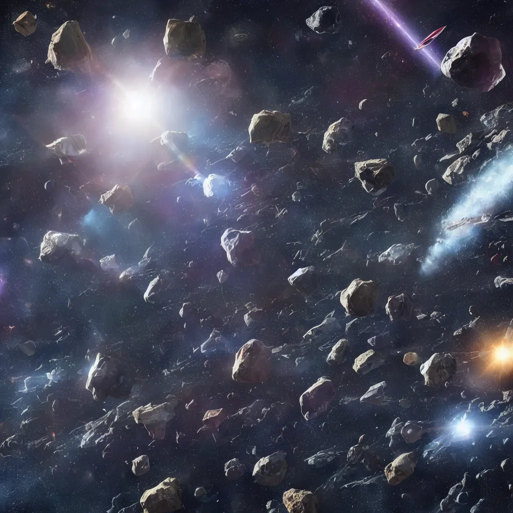 Prompt: galactic space fleet flying safely into an asteroid belt, 8 k resolution