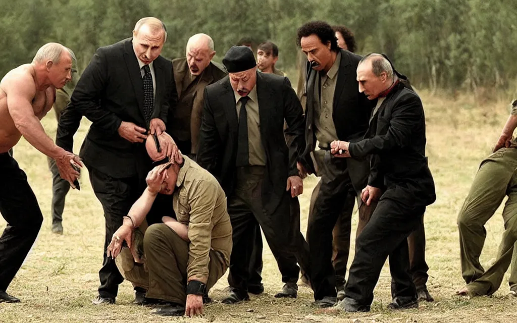 Prompt: horror film human centipede with lukashenko putin gaddafi in roles movie screenshot