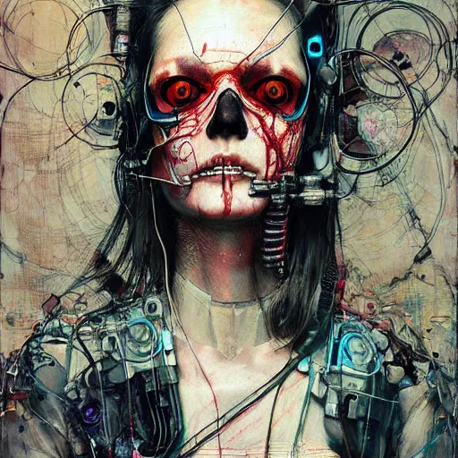 Image similar to a female cyberpunk hacker, skulls wires cybernetic implants, in the style of adrian ghenie esao andrews jenny saville surrealism dark art by james jean takato yamamoto and by ashley wood