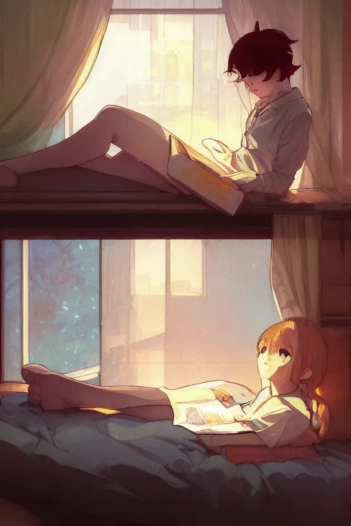 Image similar to a teenage girl with white short hair in a jk uniform outfit in the bedroom reading a book in a night, raining outside the window, warm and orange theme, by krenz cushart and mucha and akihito yoshida and greg rutkowski and makoto shinkai, 4 k resolution