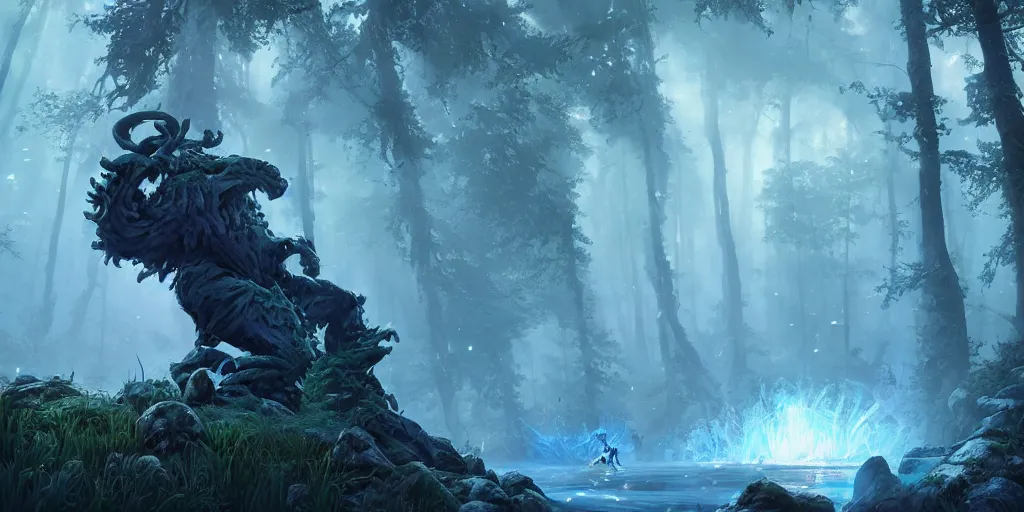 Image similar to gamekeeper hunting for mystical forest monster. realism in style of fornite game. bio luminescent, plasma, ice, water, wind, creature, artwork by tooth wu and wlop and beeple and greg rutkowski, epic cinematic shot, perfectly defined features, ambient occlusion