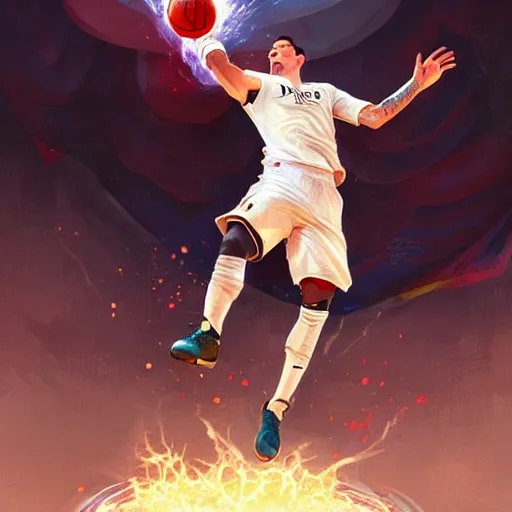 Image similar to Messi dunking on Ronaldo in basketball, D&D, fantasy, intricate, elegant, highly detailed, digital painting, artstation, concept art, matte, sharp focus, illustration, art by Artgerm and Greg Rutkowski and Alphonse Mucha