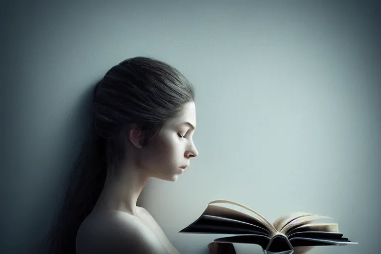 Image similar to an ultra realistic, cinematic, headshot portrait, of a girl reading a book, hair flowing down, facial features, detailed, deep focus, movie still, dramatic lighting, ray tracing, by michal karcz and yoshitaka amano