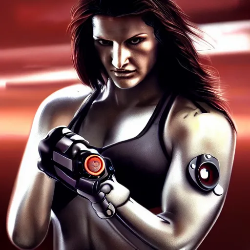 Image similar to beautiful digital painting of gina carano with a robotic arm, cyberpunk, highly detailed, hyperrealism, concept art