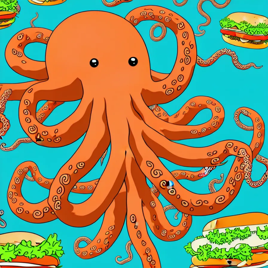 Image similar to ultra detailed artistic illustration of a giant octopus holding many burgers, tentacles wrapped around burgers, vector art, artstation, 8 k